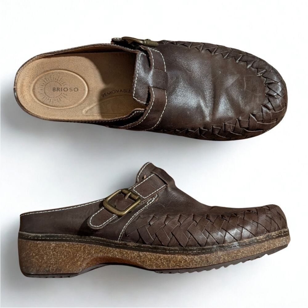 Brioso Jordyn Braided Leather Mules Comfort Shoes Brown Size 6.5